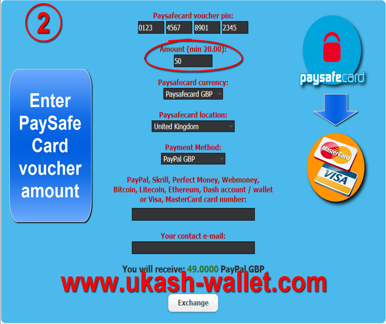 Paysafecard to Visa or MasterCard transfer - Step two.
