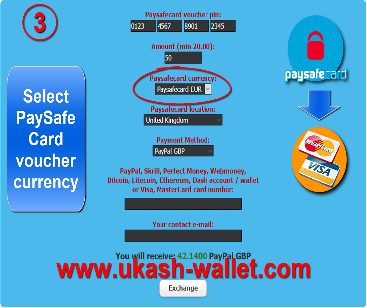 Paysafecard to Visa or MasterCard convert - Step three.