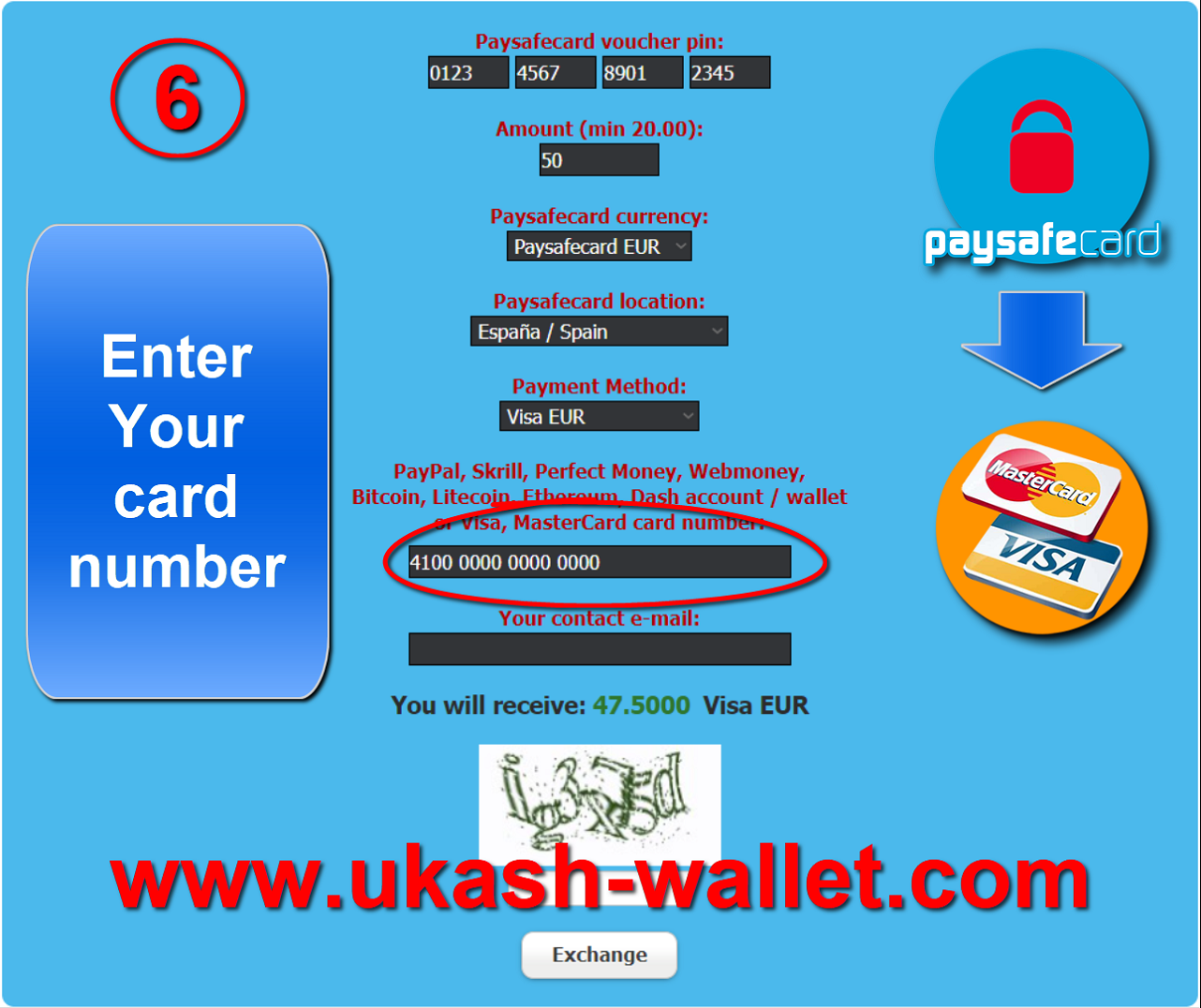 Paysafecard for Visa or MasterCard send - Step six.